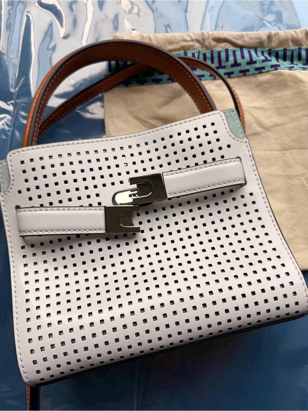 Tory Burch Lee Radziwill Mini Perforated Leather Crossbody Bag White Tan